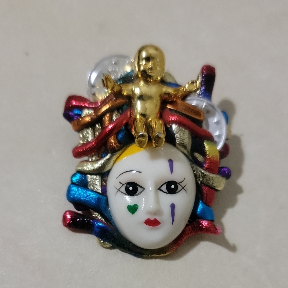 🏷️Vintage Handmade Mardi Gras Mask Brooch Pin Jewel Tones LUCK